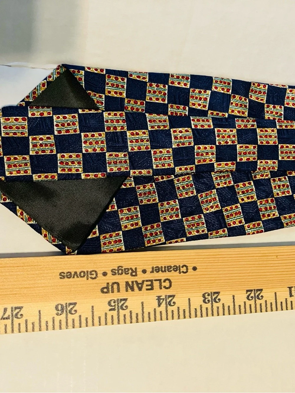 Ralph Lauren Navy Patterned Silk Tie - Blue and Gold geometric